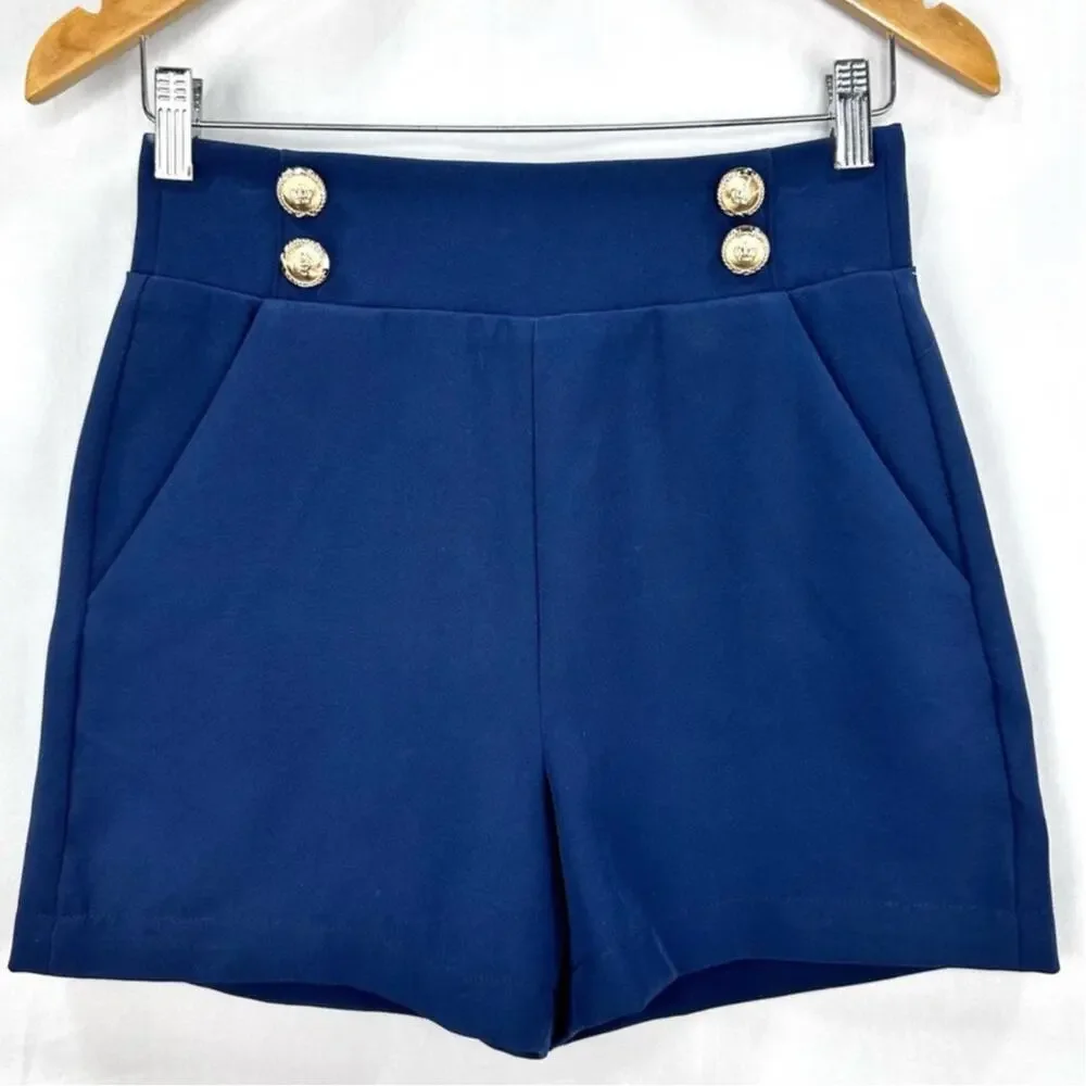Walter Baker Molly High Waist Twill Shorts Navy Gold Button Size 2